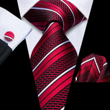 Burgundy Striped Floral Silk Necktie Hanky Cufflinks