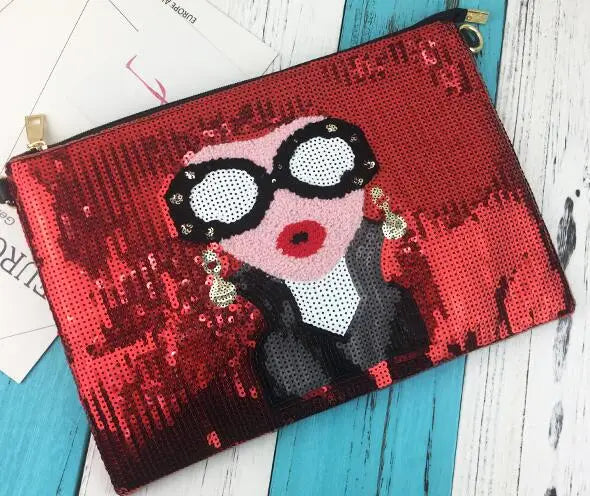 Red Cartoon Woman Pattern Envelope Clutch Bag