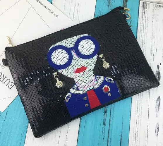 Black Cartoon Woman Pattern Envelope Clutch Bag