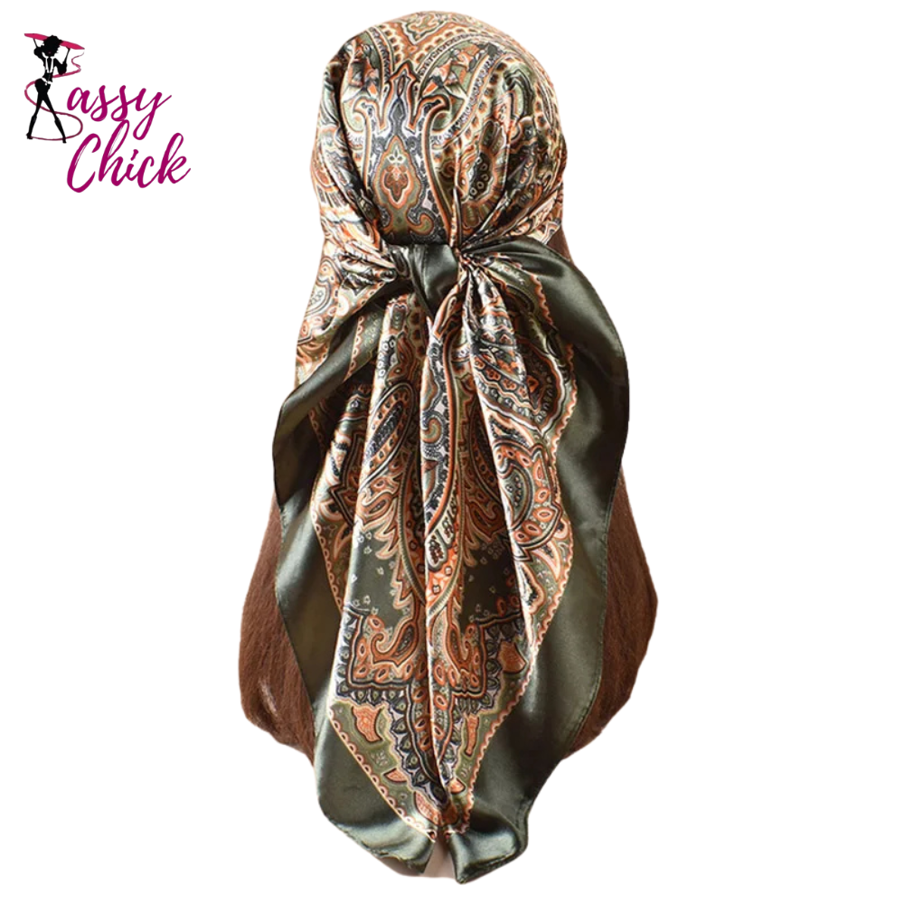 Cashew Flower Square Silk Head Scarves Hijab Bandana Sassy Chick Logo