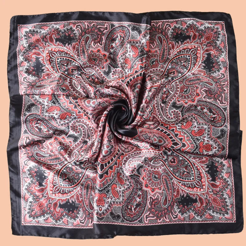 Black Orange Cashew Flower Square Silk Head Scarves Hijab Bandana