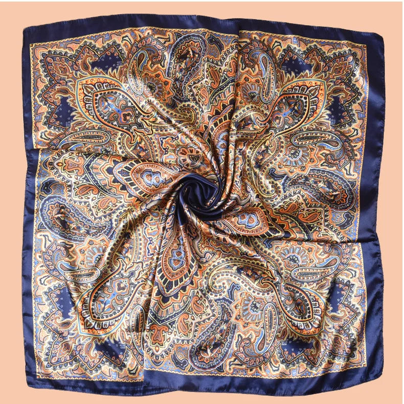 Black Gold Cashew Flower Square Silk Head Scarves Hijab Bandana