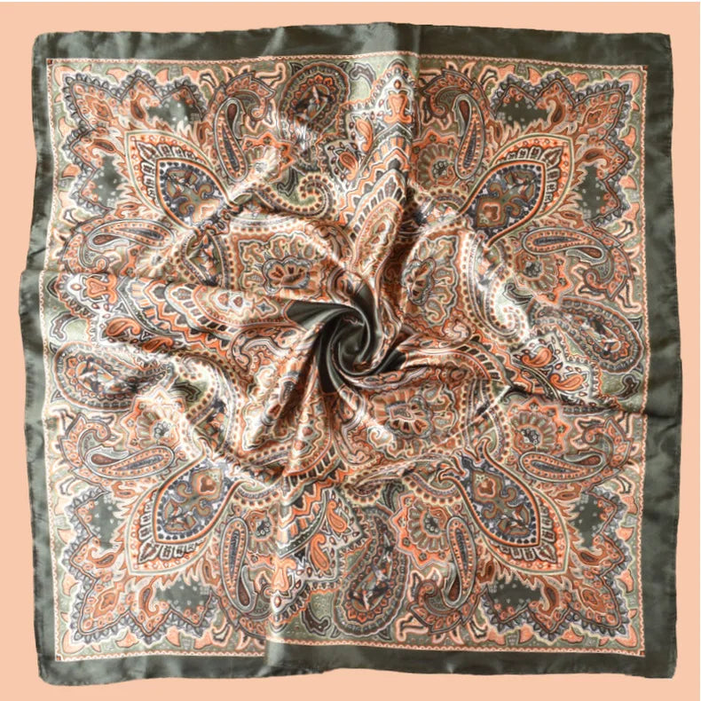 Green Gold Cashew Flower Square Silk Head Scarves Hijab Bandana