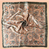 Green Gold Cashew Flower Square Silk Head Scarves Hijab Bandana