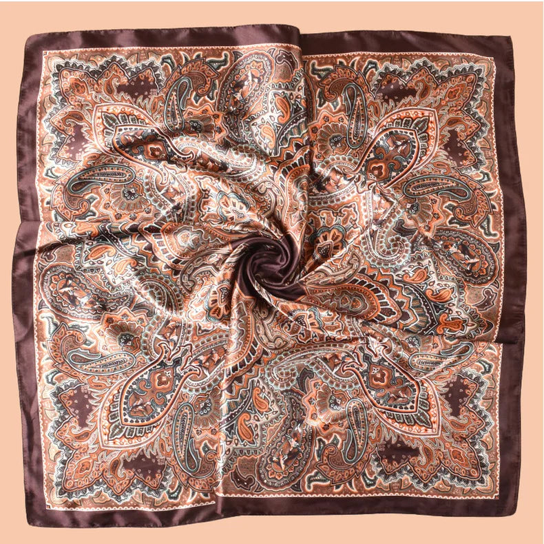 Brown Cashew Flower Square Silk Head Scarves Hijab Bandana