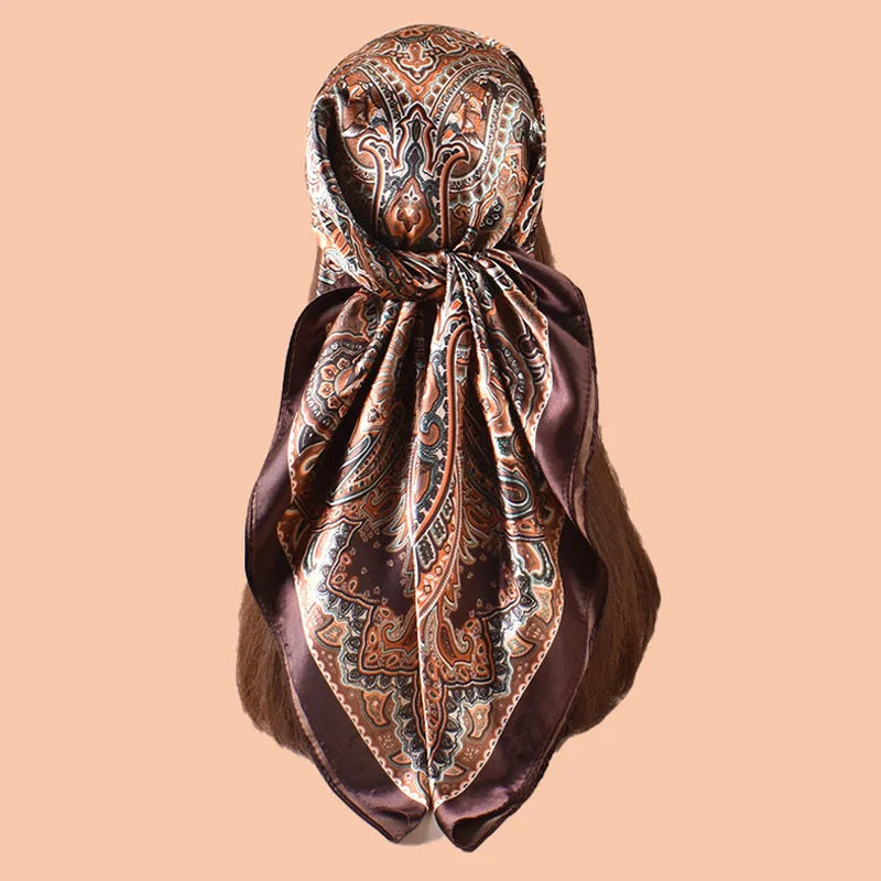 Brown Gold Cashew Flower Square Silk Head Scarves Hijab Bandana