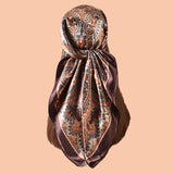 Brown Gold Cashew Flower Square Silk Head Scarves Hijab Bandana
