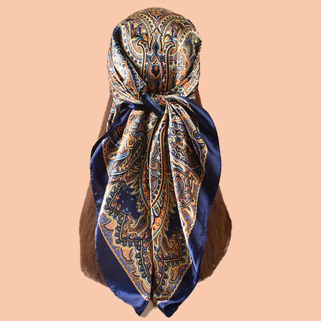 Blue Gold Cashew Flower Square Silk Head Scarves Hijab Bandana