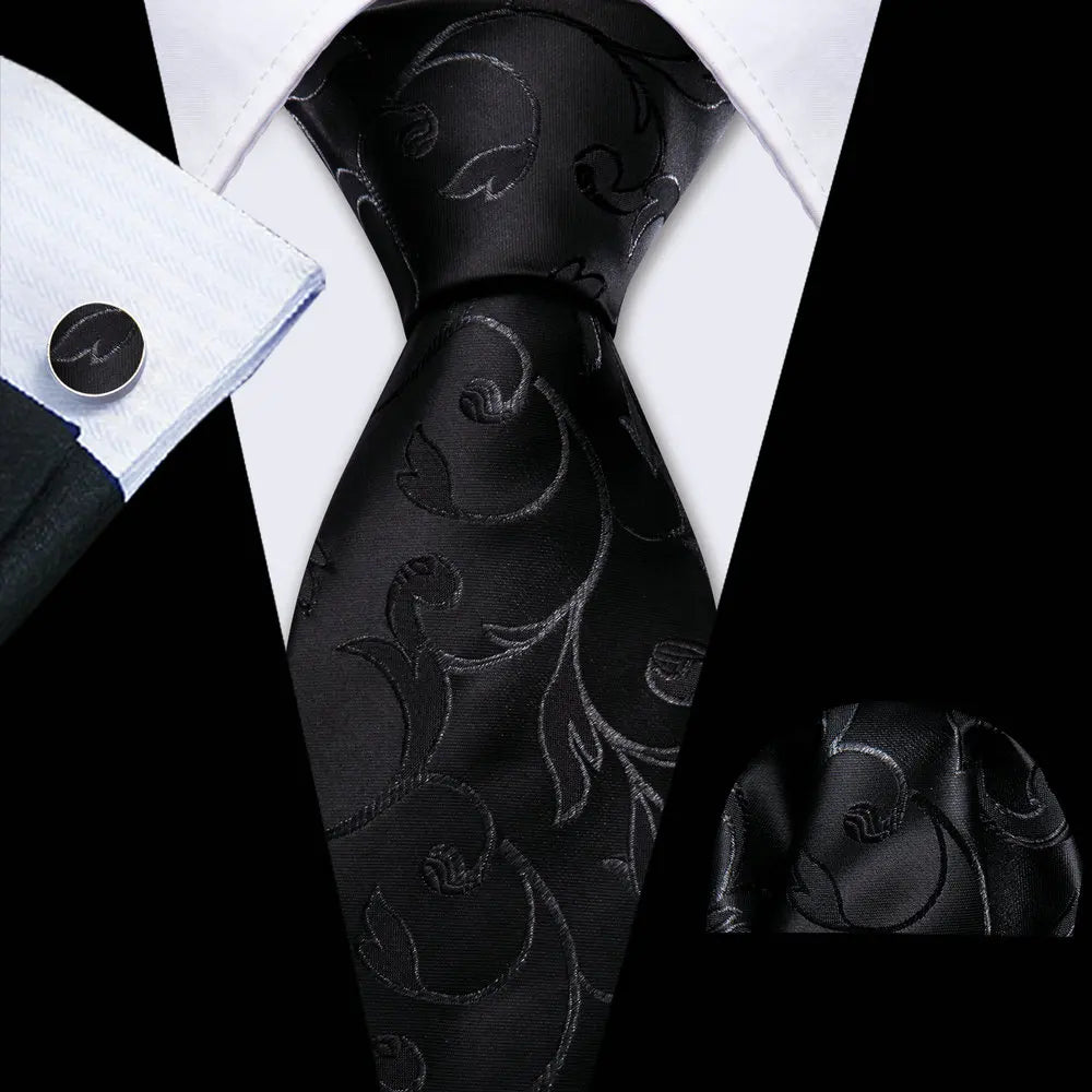 Black Casual Novelty Paisley Pocket Square Cufflinks Necktie Set