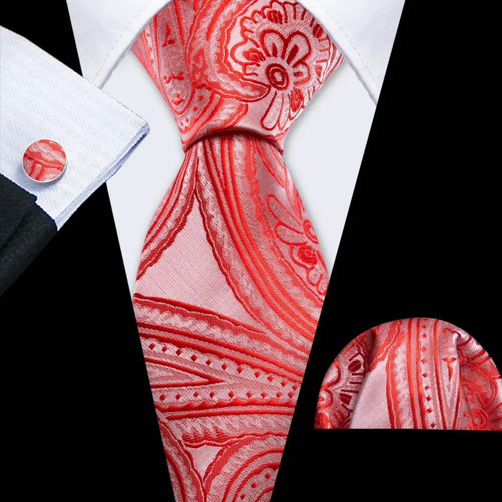Orange Casual Novelty Paisley Pocket Square Cufflinks Necktie Set