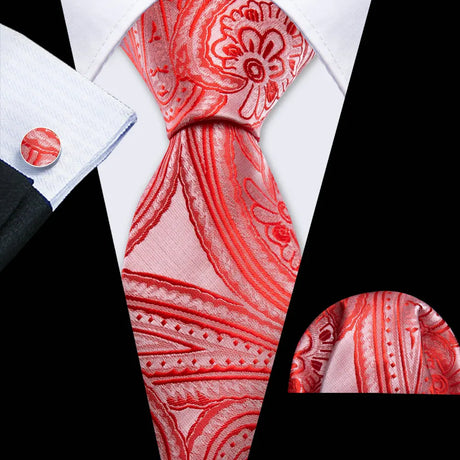 Orange Casual Novelty Paisley Pocket Square Cufflinks Necktie Set