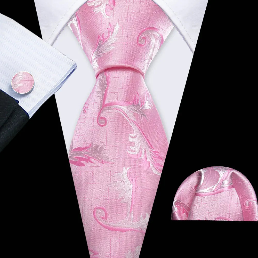 Pink Casual Novelty Paisley Pocket Square Cufflinks Necktie Set