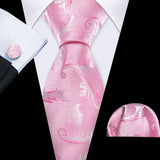 Pink Casual Novelty Paisley Pocket Square Cufflinks Necktie Set