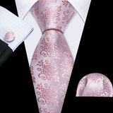 Pink Casual Novelty Paisley Pocket Square Cufflinks Necktie Set