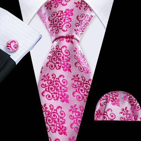 Pink Casual Novelty Paisley Pocket Square Cufflinks Necktie Set
