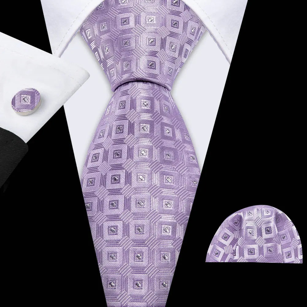 Purple Casual Novelty Paisley Pocket Square Cufflinks Necktie Set