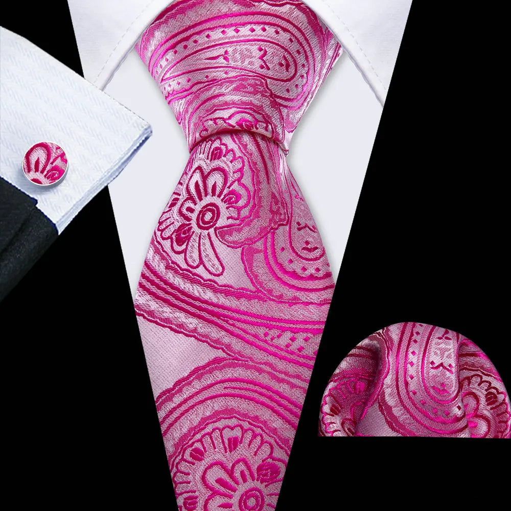 Pink Casual Novelty Paisley Pocket Square Cufflinks Necktie Set