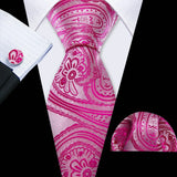 Pink Casual Novelty Paisley Pocket Square Cufflinks Necktie Set
