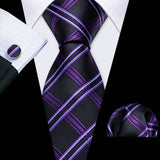 Purple Black Casual Novelty Paisley Pocket Square Cufflinks Necktie Set