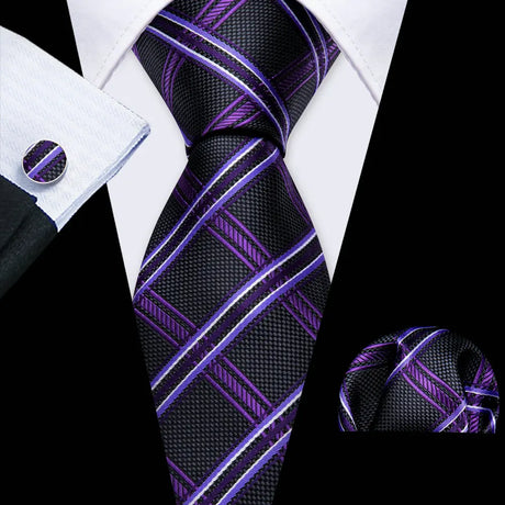 Purple Black Casual Novelty Paisley Pocket Square Cufflinks Necktie Set