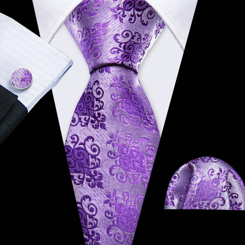 Purple Casual Novelty Paisley Pocket Square Cufflinks Necktie Set