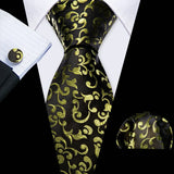 Black Gold Casual Novelty Paisley Pocket Square Cufflinks Necktie Set