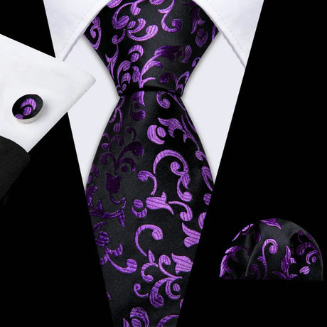 Black Purple Casual Novelty Paisley Pocket Square Cufflinks Necktie Set