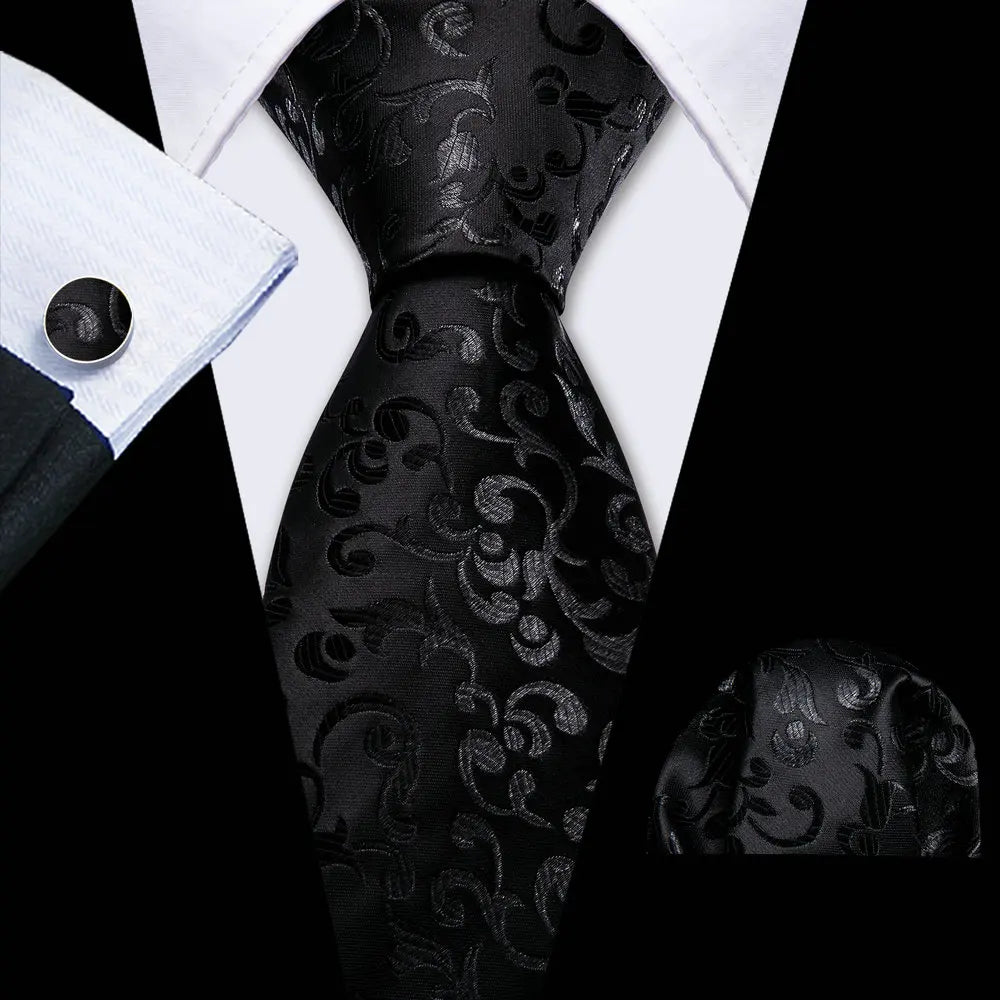 Black Casual Novelty Paisley Pocket Square Cufflinks Necktie Set