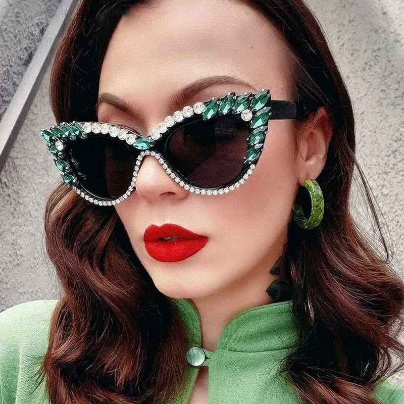 cat-eye colorful big diamond sunglasses model using