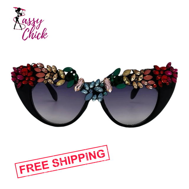 Cat Eye Embellished Sunglasses Sassy Chick Logo