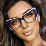 Model Using Cat Eye Polygonal Contrasting Color Anti Blue Light Eyewear