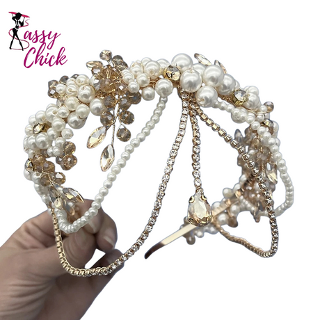 Champagne Crystal Bridal Bride Tiara Pearl Party Headpiece Sassy Chick Logo