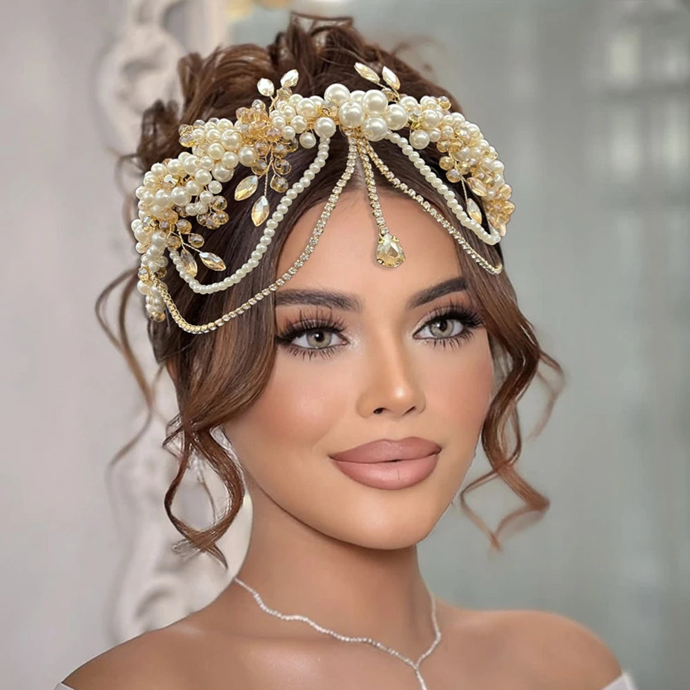 Model using Champagne Crystal Bridal Bride Tiara Pearl Party Headpiece