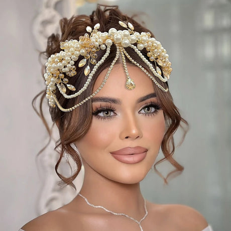 Model using Champagne Crystal Bridal Bride Tiara Pearl Party Headpiece