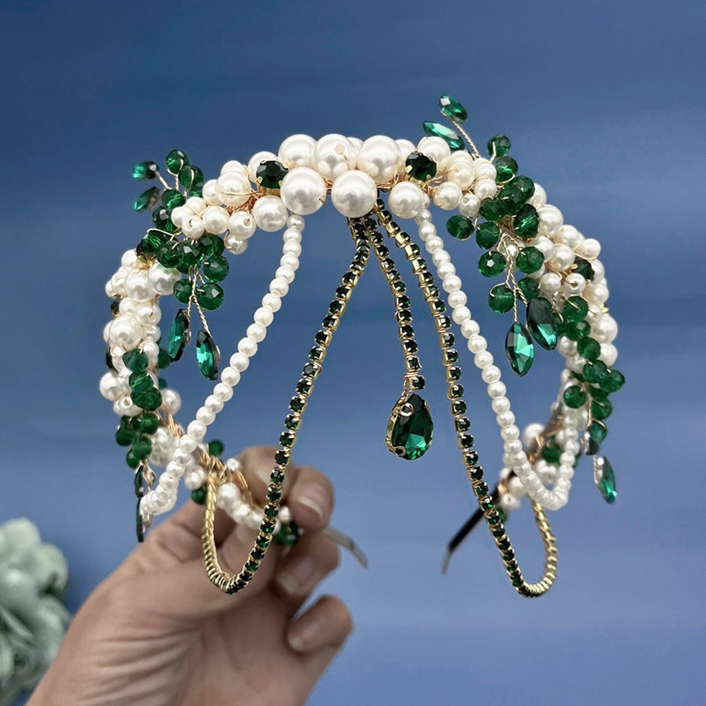Green Champagne Crystal Bridal Bride Tiara Pearl Party Headpiece