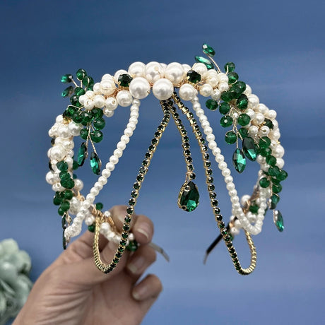 Green Champagne Crystal Bridal Bride Tiara Pearl Party Headpiece
