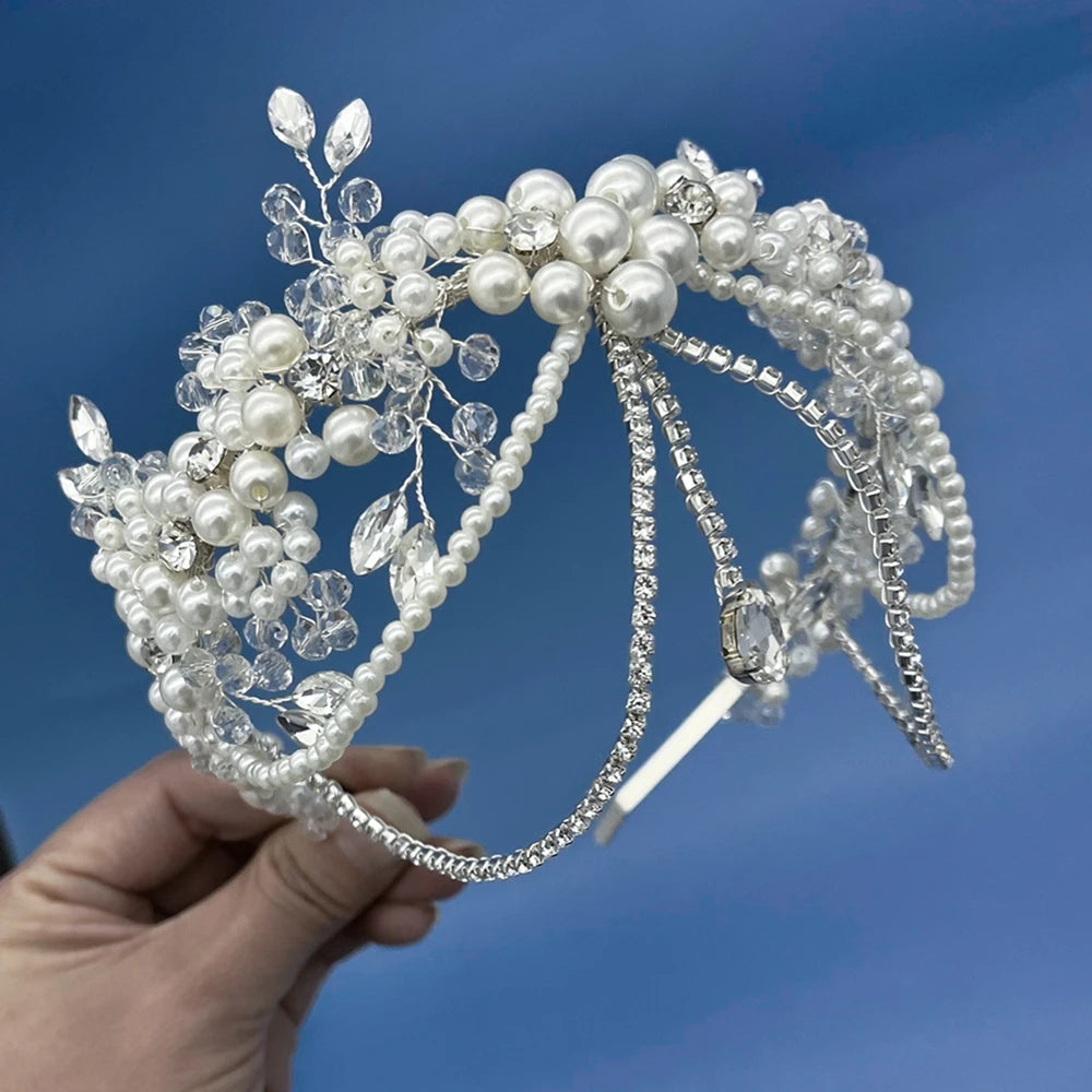 White Champagne Crystal Bridal Bride Tiara Pearl Party Headpiece