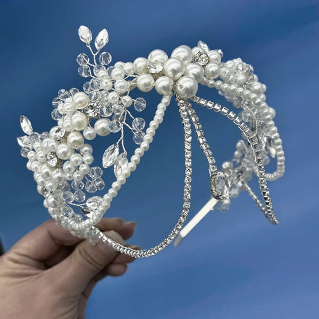 White Champagne Crystal Bridal Bride Tiara Pearl Party Headpiece
