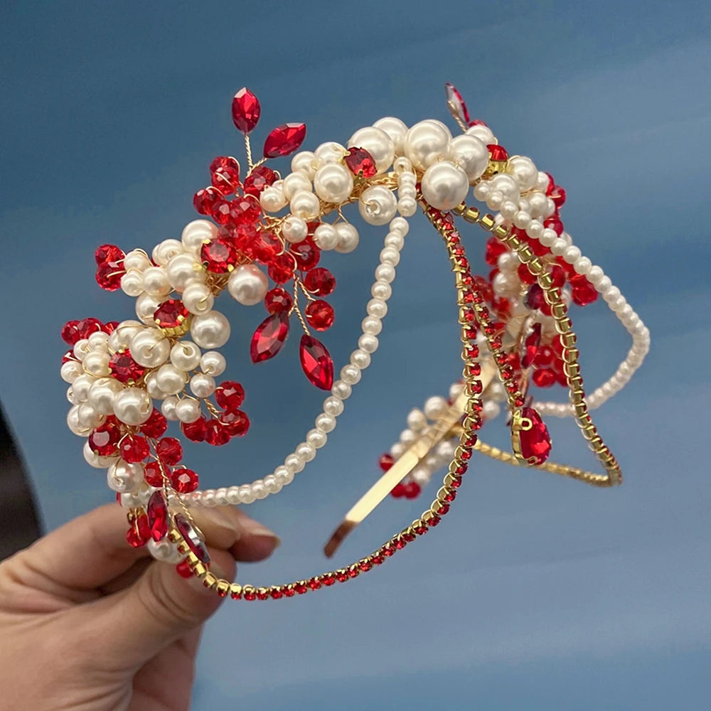 Red Champagne Crystal Bridal Bride Tiara Pearl Party Headpiece