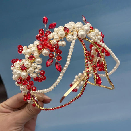 Red Champagne Crystal Bridal Bride Tiara Pearl Party Headpiece