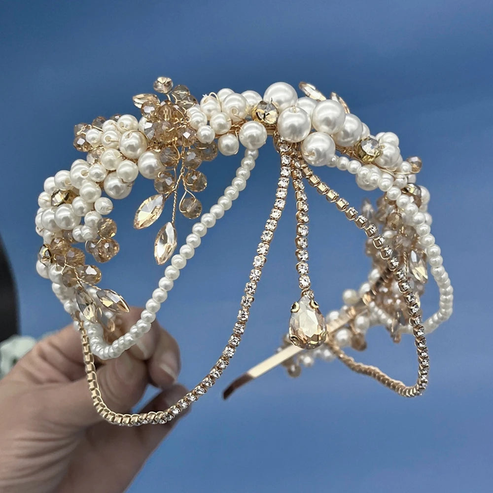 White Champagne Crystal Bridal Bride Tiara Pearl Party Headpiece