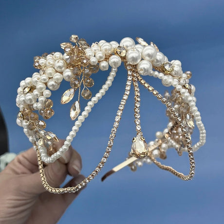 White Champagne Crystal Bridal Bride Tiara Pearl Party Headpiece