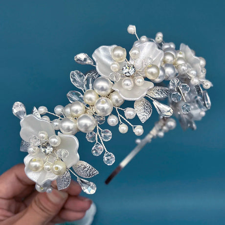 White Champagne Crystal Bridal Bride Tiara Pearl Party Headpiece