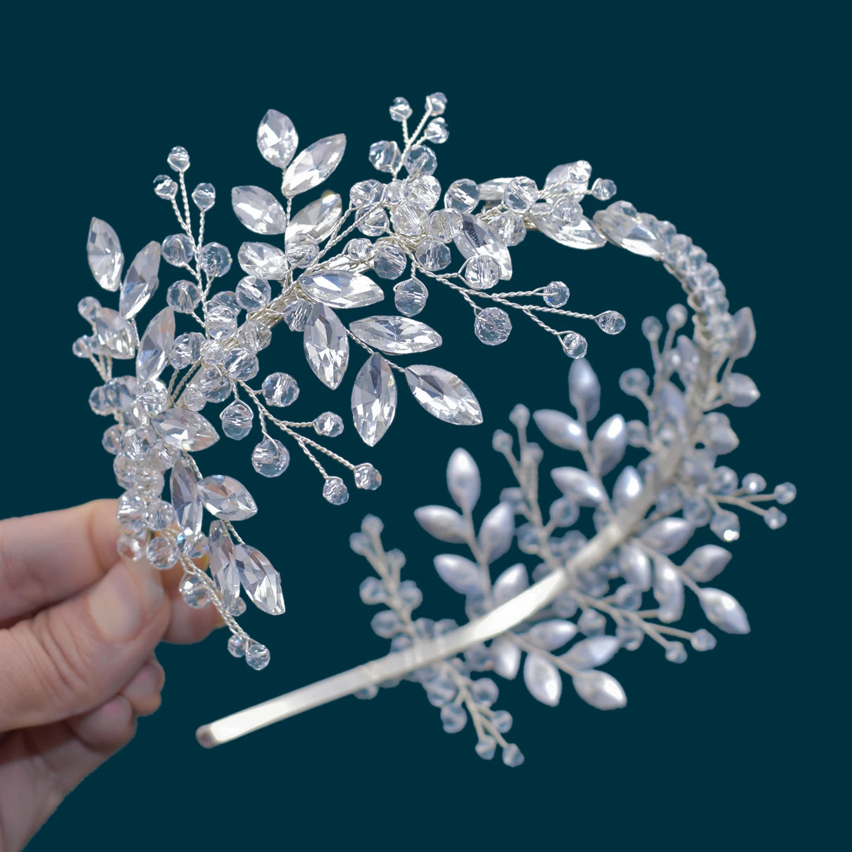 White Champagne Crystal Bridal Bride Tiara Pearl Party Headpiece