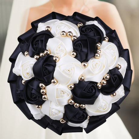 White Black Champagne Wedding Holding Flowers Bouquet