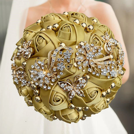 Gold Champagne Wedding Holding Flowers Bouquet