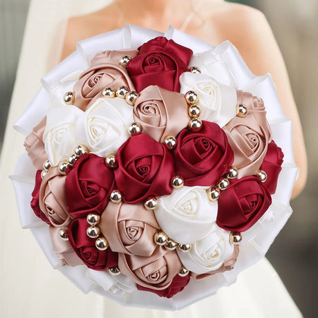 Red Champagne Wedding Holding Flowers Bouquet