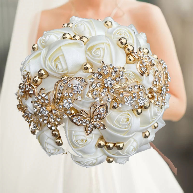 White Champagne Wedding Holding Flowers Bouquet