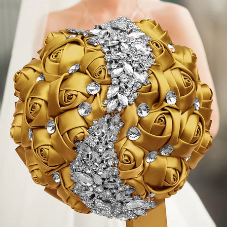Gold Champagne Wedding Holding Flowers Bouquet