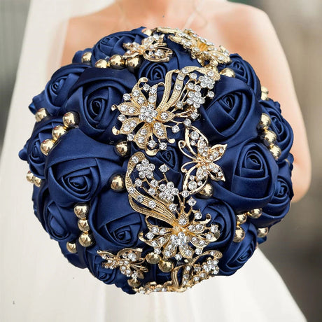 Blue Champagne Wedding Holding Flowers Bouquet